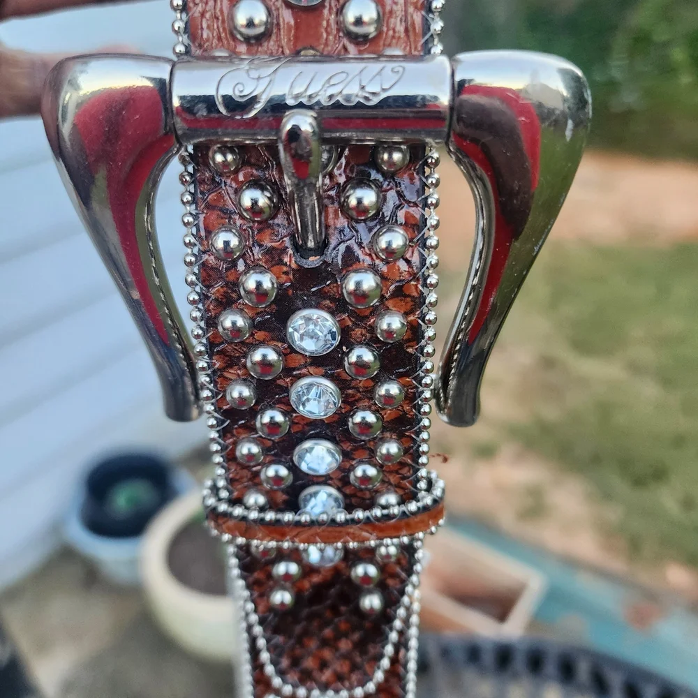 Vtg Y2K Guess Brown Snake Embossed Rhinestone Studded Western Belt Size XL 93804 - Picture 8 of 12